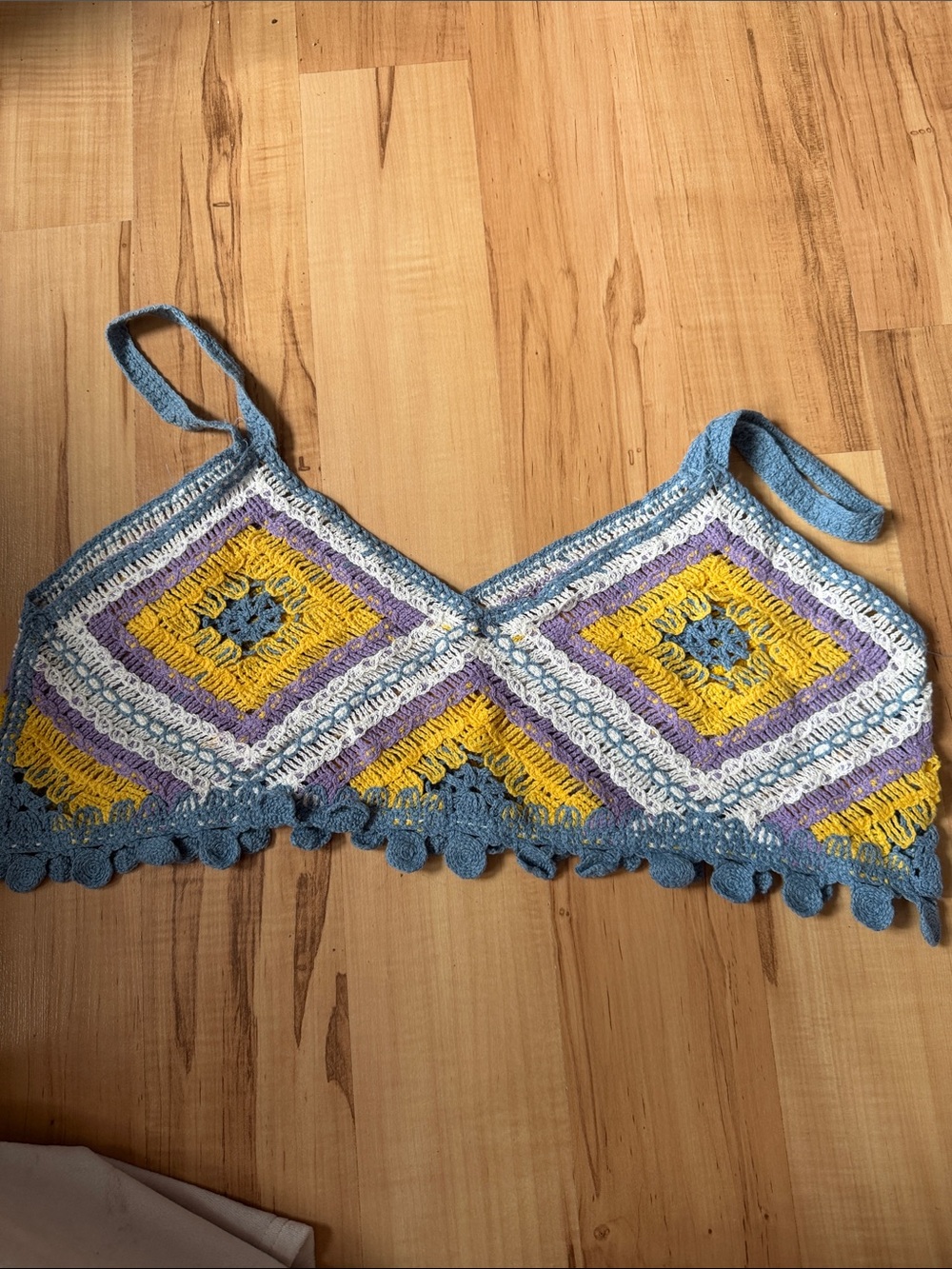 Handmade Crochet Bralette in Blue, Yellow & Purple